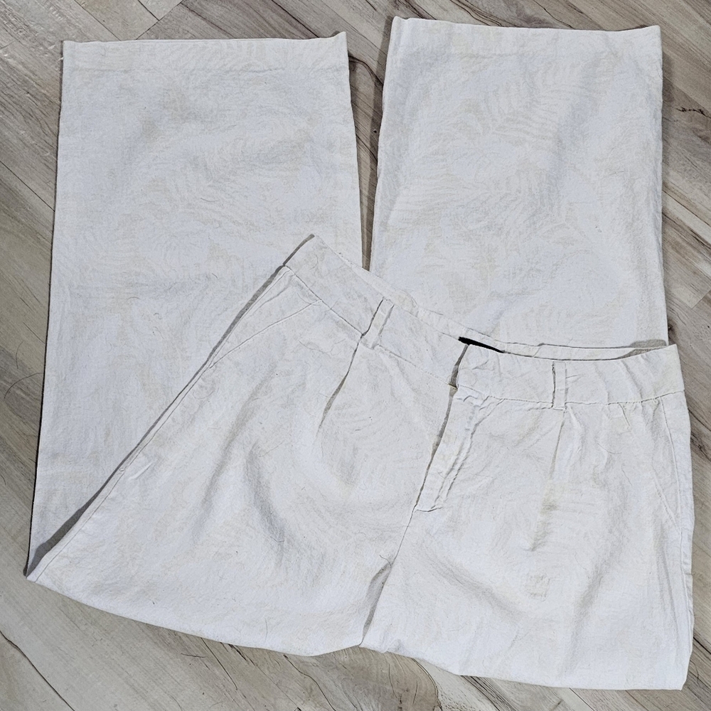 SoundStyle Linen Blend Wide Leg Pants Cream Beige Leaf Print Size 10